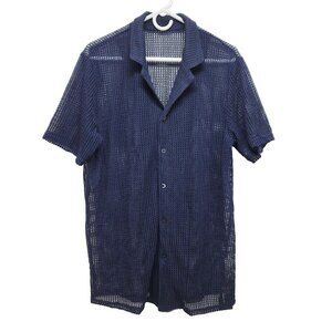 Mens Navy Blue Mesh Button-Up Shirt By URRU Size L Short Sleeve Lightweight